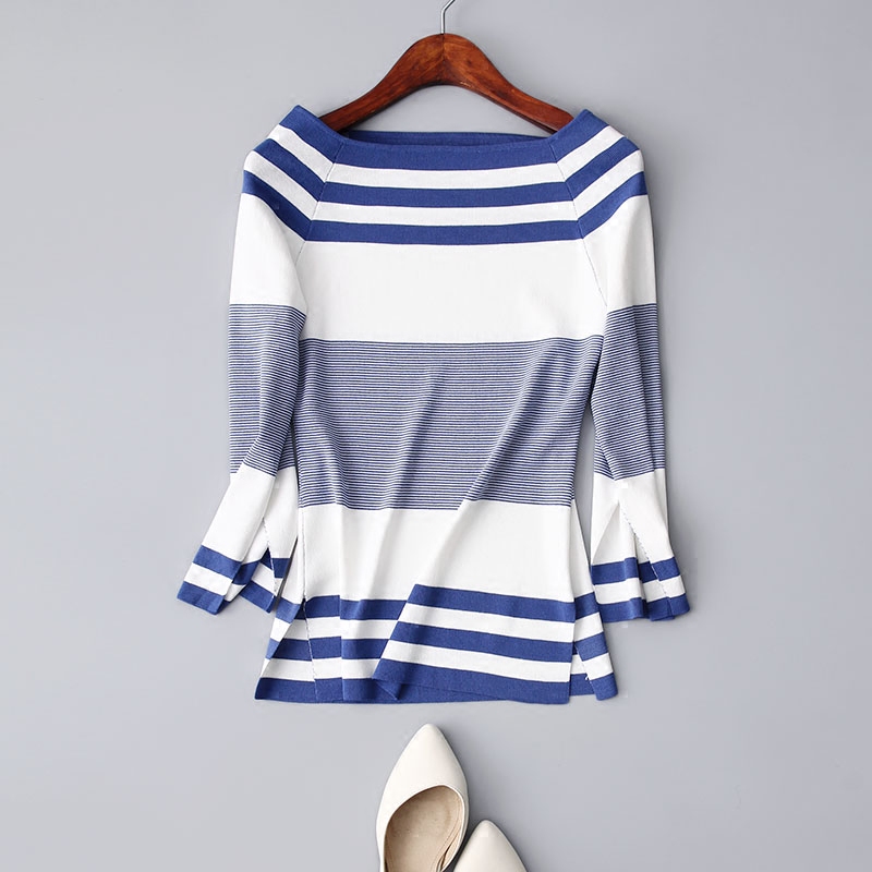 清爽海军风 露肩一字领夏开叉袖口修身显瘦撞色条纹针织衫女上衣