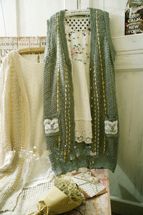 点滴芥末 森女系毛衣蕾丝女款长款马夹针织背心 日韩新款大码清新