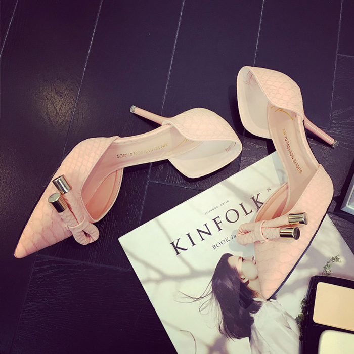 2016粉色高跟单鞋女欧美中空尖头高跟女鞋灰色细跟工作鞋小码33码