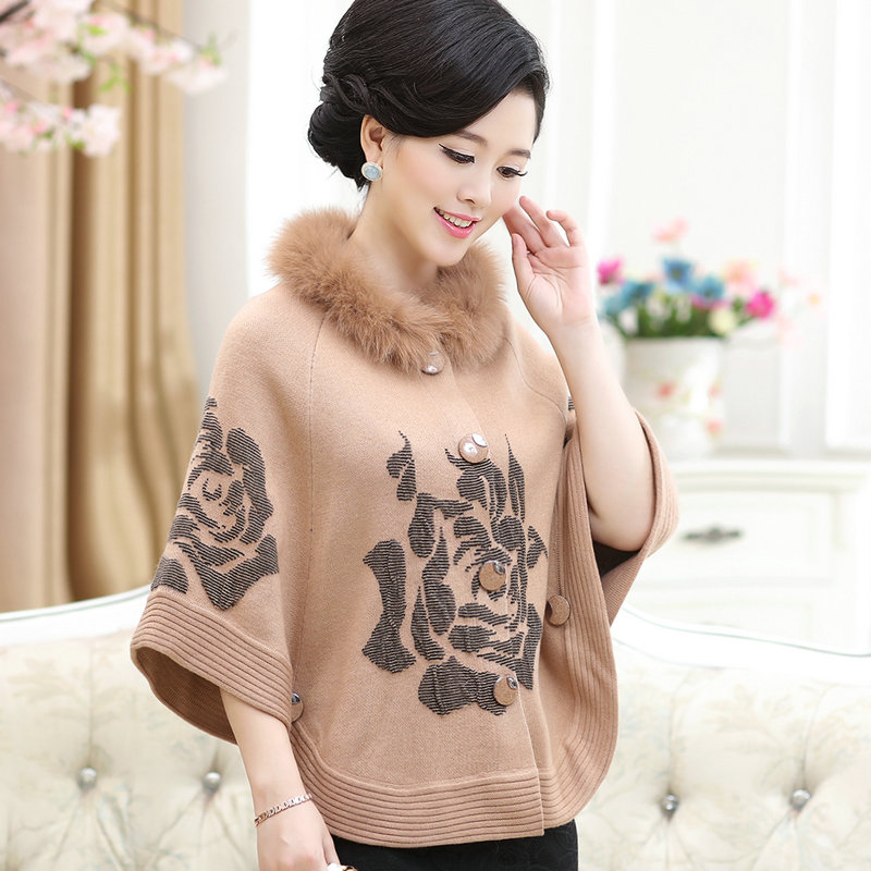 中老年女秋冬斗篷开衫妈妈装羊毛披肩外套针织衫毛衣蝙蝠开衫外套