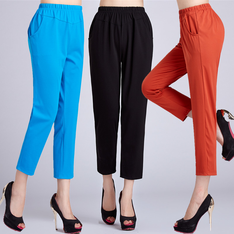 中老年女裤夏高腰弹力棉九分小直筒裤薄妈妈大码彩色松紧腰小脚裤