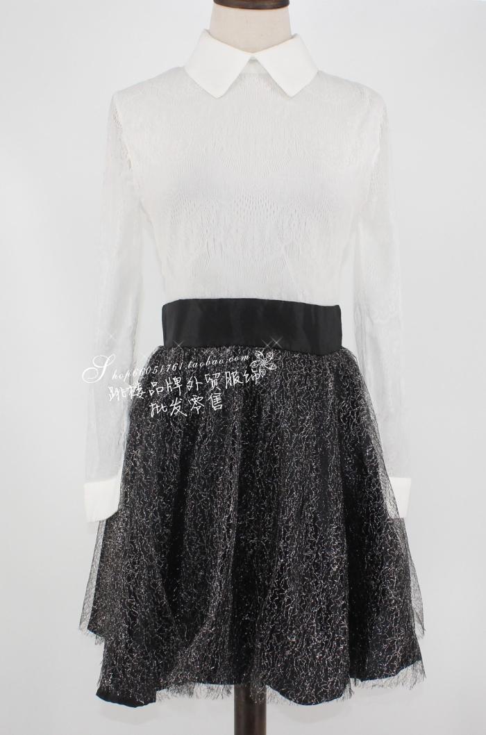 跳楼价 外贸女装春秋蕾丝拼接修身显瘦长袖连衣裙翻领裙子E6-d903