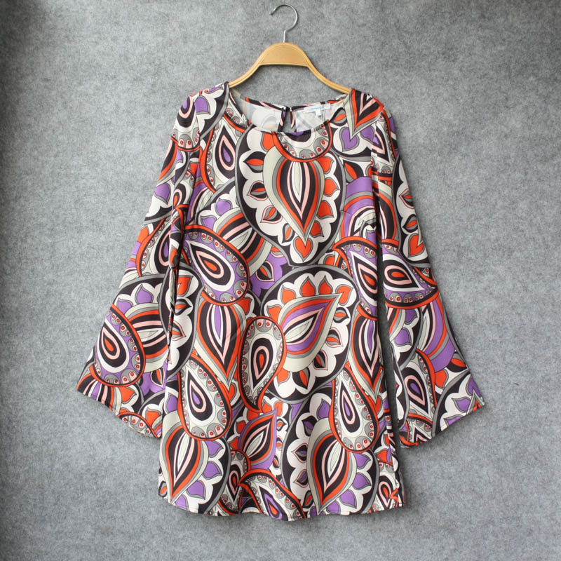 欧美外贸原单 2016春夏季新品女装雪纺长袖印花连衣裙 有加大码