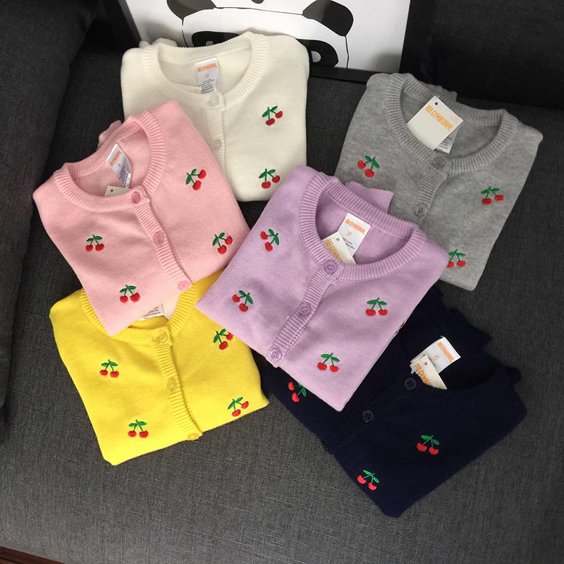 女童16春夏薄款针织衫女宝宝纯棉花朵刺绣樱桃开衫外套空调衫防晒