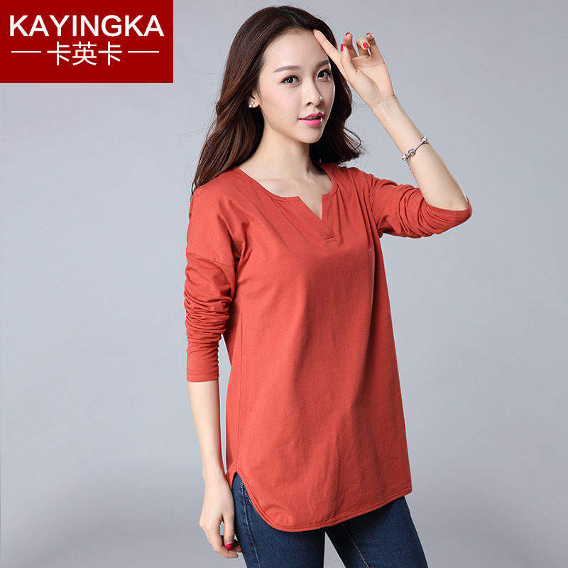 大码女装胖妹妹2016秋装中长款V领上衣纯棉打底衫宽松长袖T恤女潮