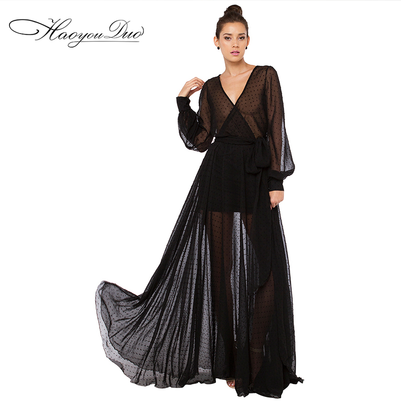 haoyouduo2015春夏新款欧美黑色V领长袖网纱雪纺女神透视连衣长裙