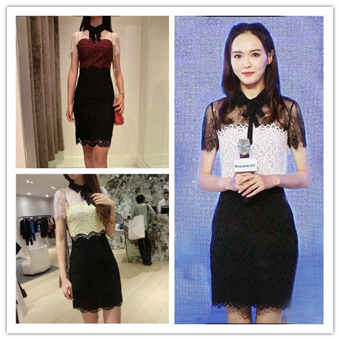 法国代购sandro16款唐嫣同款半透黑白拼色显瘦蕾丝拼接花边连衣裙