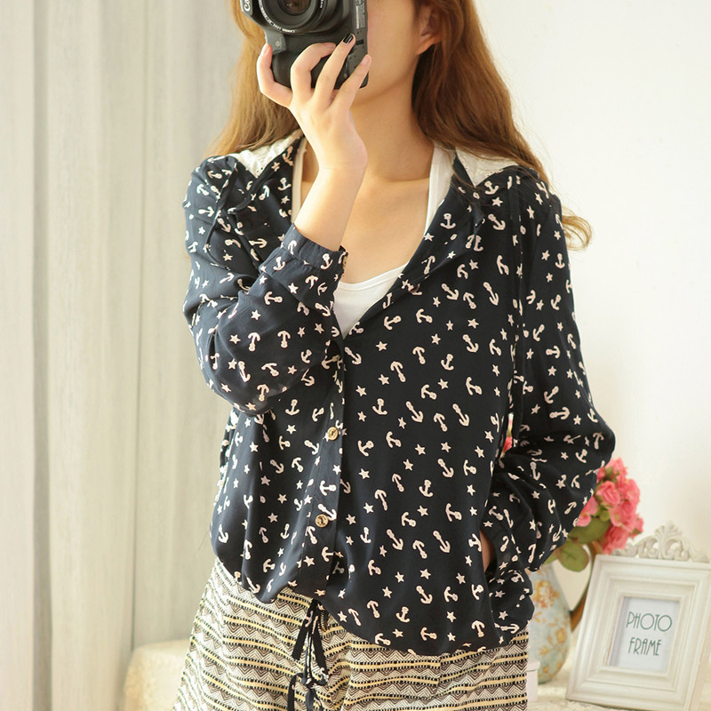 2016春装新款日系森女小清新蕾丝拼接船锚连帽休闲宽松短外套上衣