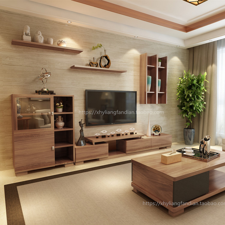 胡桃木电视柜组合茶几背景墙实木颗粒简约现代中式隔板挂柜套装14