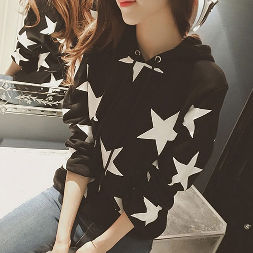 连帽卫衣女套头宽松春秋装星星印花休闲学生薄长袖t恤女螺纹袖口