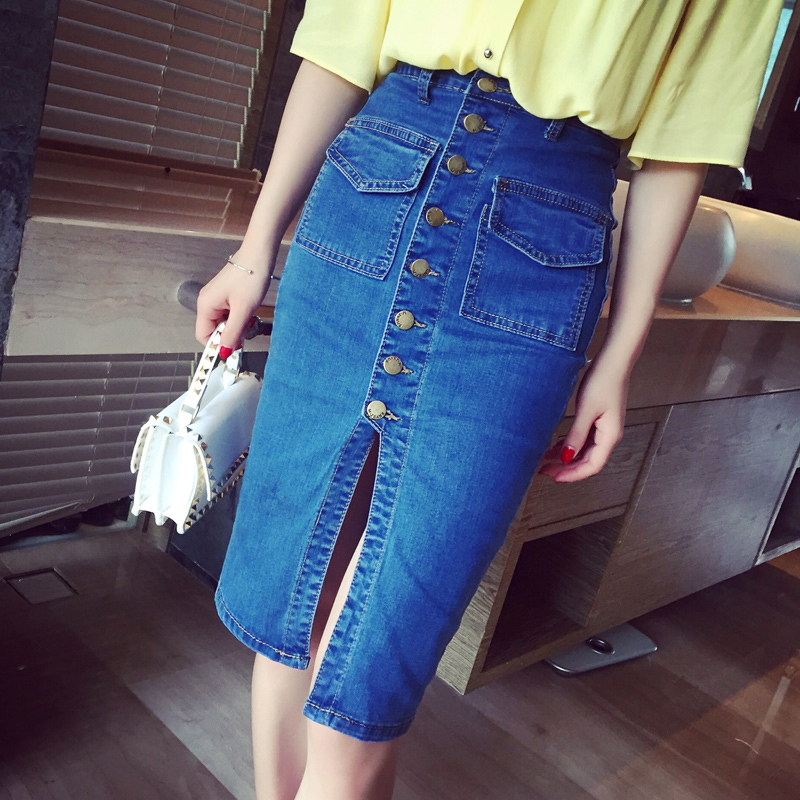 香港正品 韩版显瘦欧美风前排扣子开叉性感包臀牛仔半身中裙
