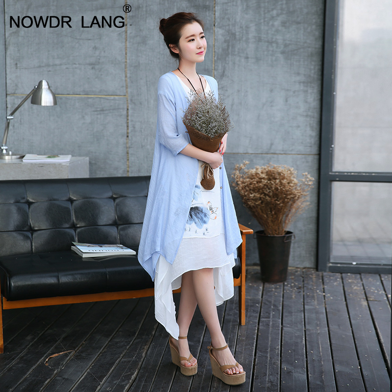 2016夏季新款简约气质文艺复古印花中长款棉麻连衣裙中袖外套女裙