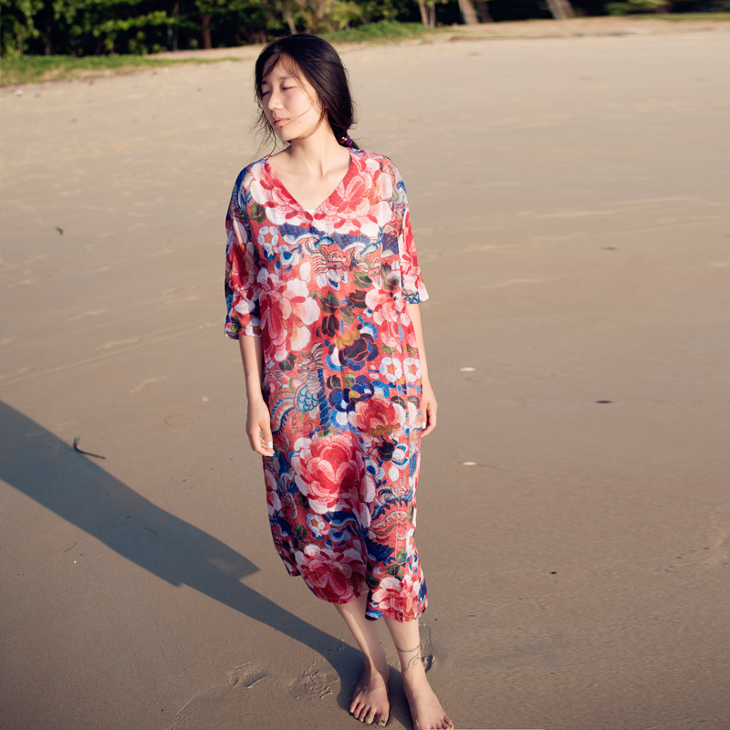 原创2016新夏女印花桑蚕真丝麻连衣裙中长款短袖开衫宽松袍子复古