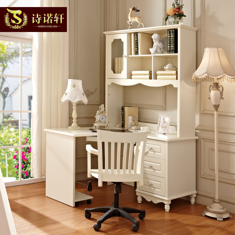 韩欧式转角直角电脑桌田园书桌书柜架组合实木写字台式家用办公台