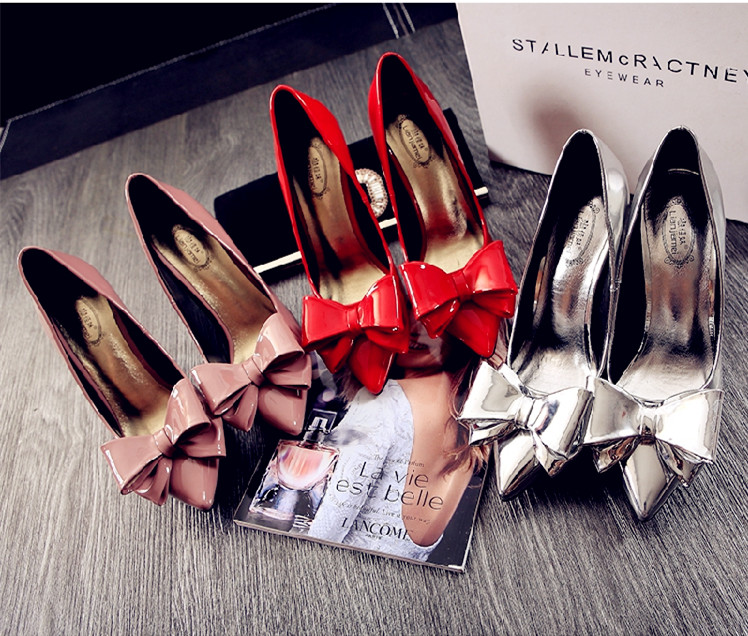韩版大蝴蝶结高跟鞋细跟红色婚鞋漆皮裸色尖头浅口单鞋女银色性感