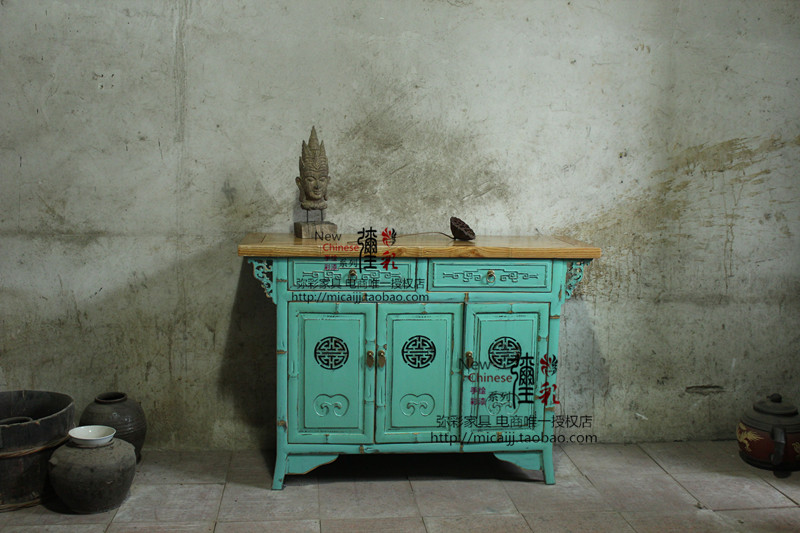 新中式鞋柜玄关柜储物柜隔断彩漆彩绘仿古做旧实木出口家具设计师