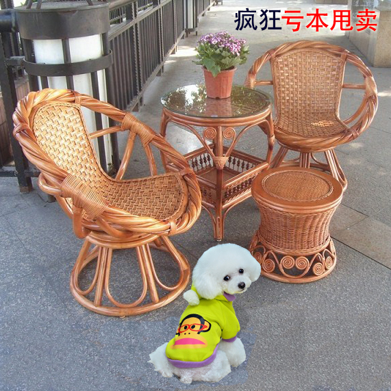 阳台藤椅子茶几三件套 庭院休闲天然藤编桌椅 真腾旋转椅家具组合