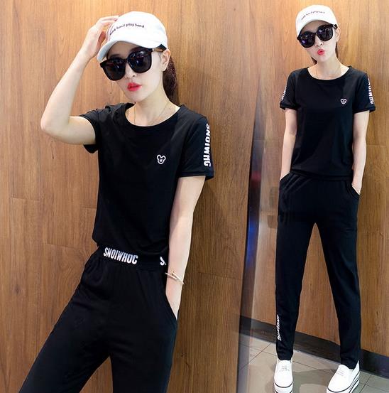 大码女运动两件套装韩版时尚短袖女式长裤