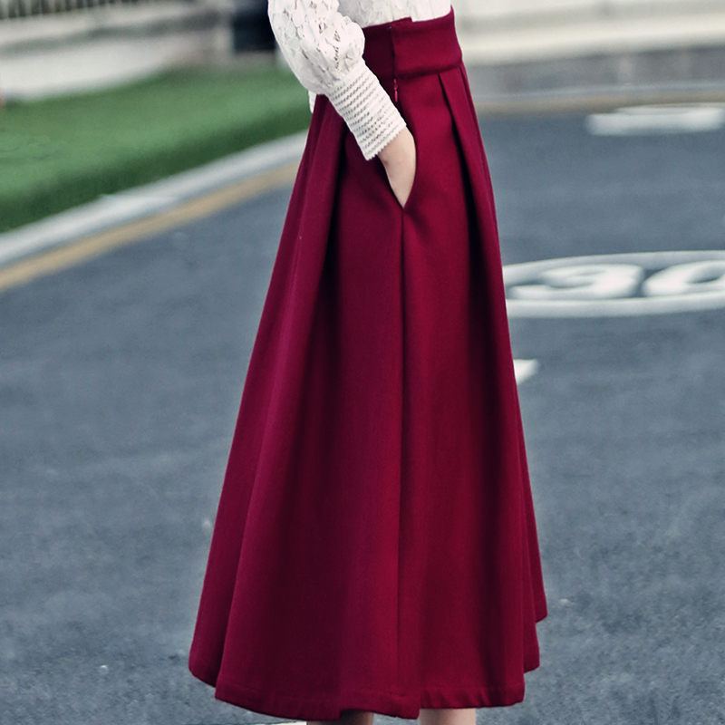 秋冬新款女装加厚羊毛呢子半身长裙女装大摆加厚毛呢百褶裙半身裙