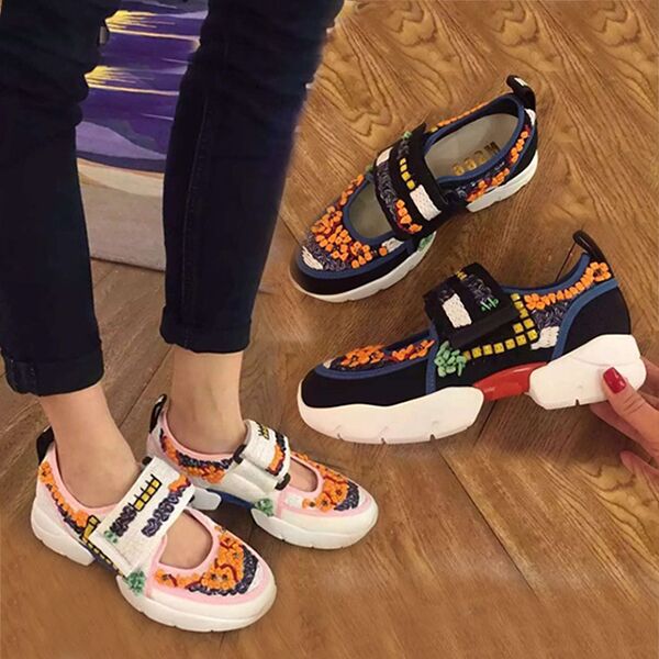 透气网鞋欧洲站2016夏花朵厚底松糕真皮串珠魔术贴潮运动休闲鞋女