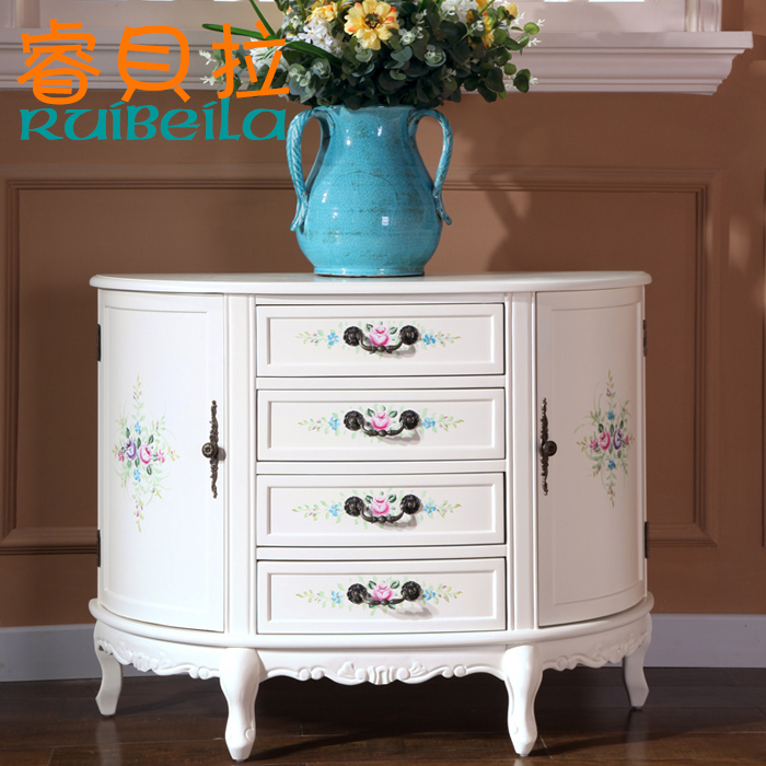 欧式半圆玄关柜美式象牙白色手绘花装饰隔断柜玄关桌客厅储物实木