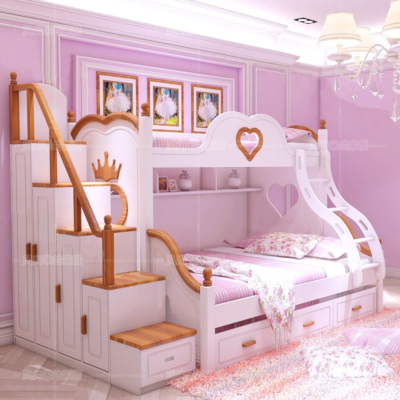 美式实木儿童高低子母床女公主床上下铺双层床梯柜男孩组合护栏床
