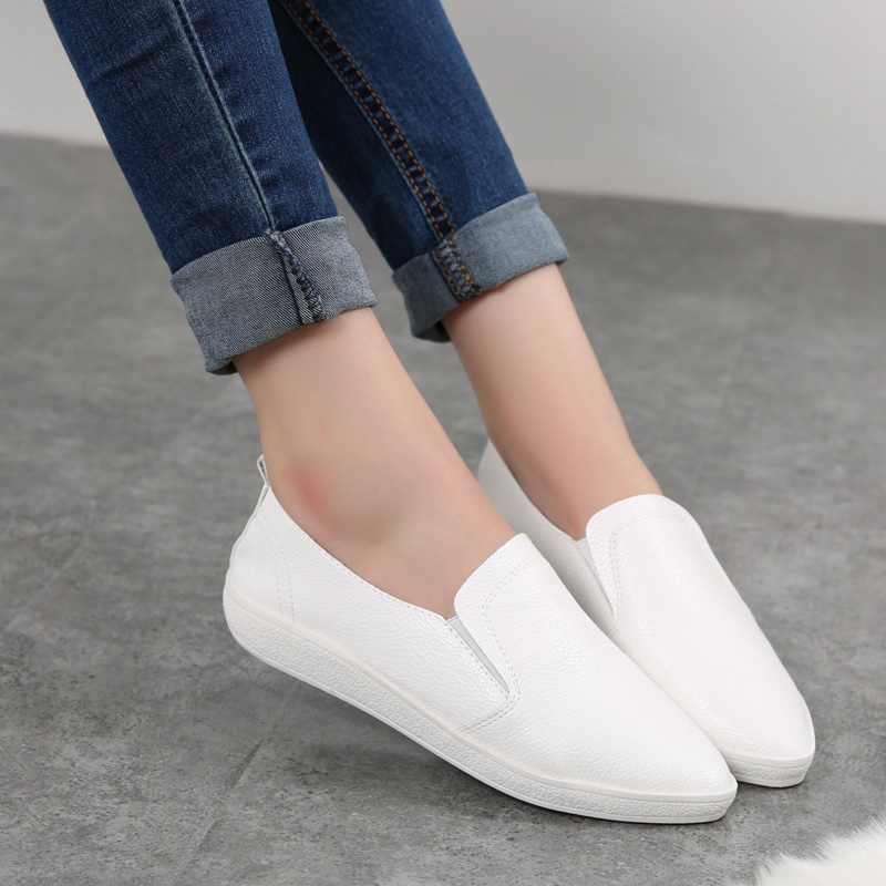 2016夏季韩版真皮尖头小白鞋女透气浅口套脚平底懒人鞋百搭休闲鞋