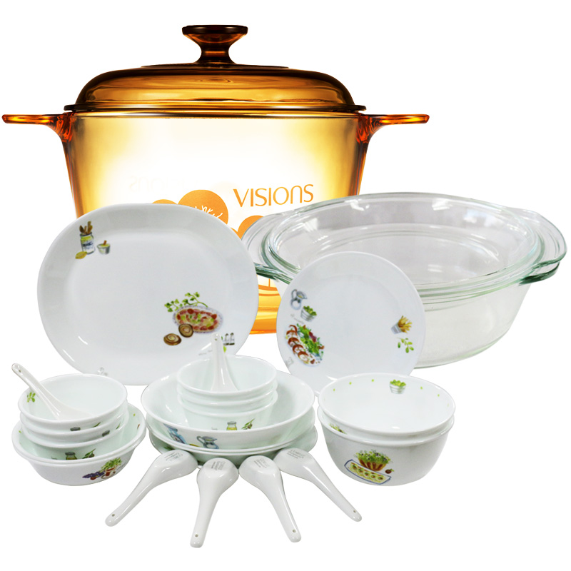 康宁VISIONS3.5L树影花色玻璃汤锅+22头康宁餐具+2L百丽烘培碗