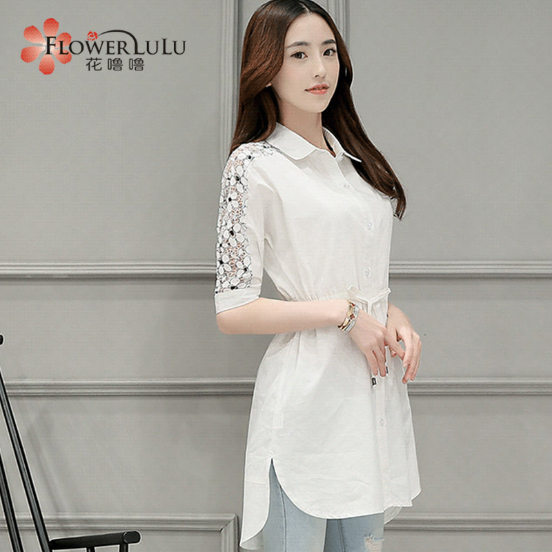 衬衫女2016夏季新款韩版时尚女装修身中长款蕾丝拼接打底衫上衣潮