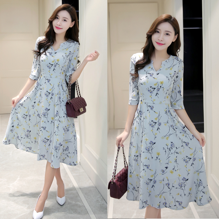 2016春季新款气质修身显瘦高腰中长款时尚V领七分袖印花连衣裙女