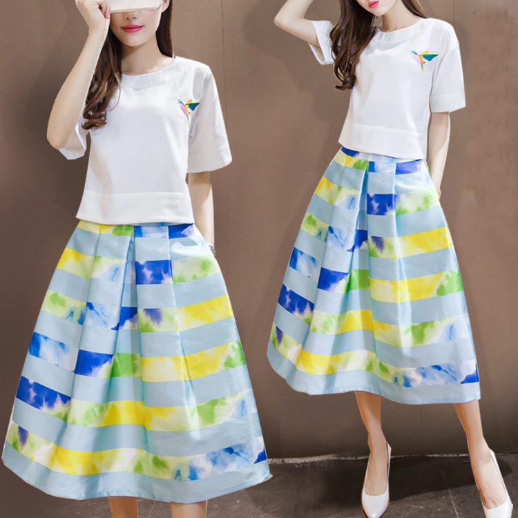 欧洲站2016春夏修身名媛套装明星同款印花时尚气质连衣裙两件套女