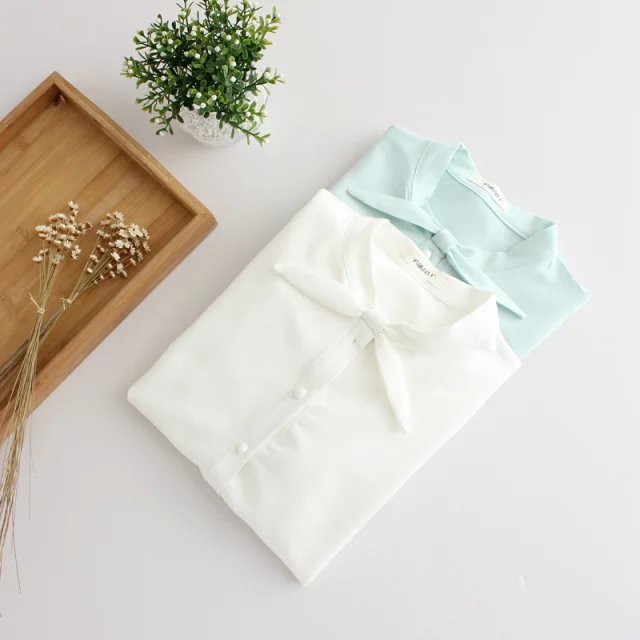 春装新款 日系森女系小清新兔耳朵领结雪纺衬衫学生九分袖衬衣