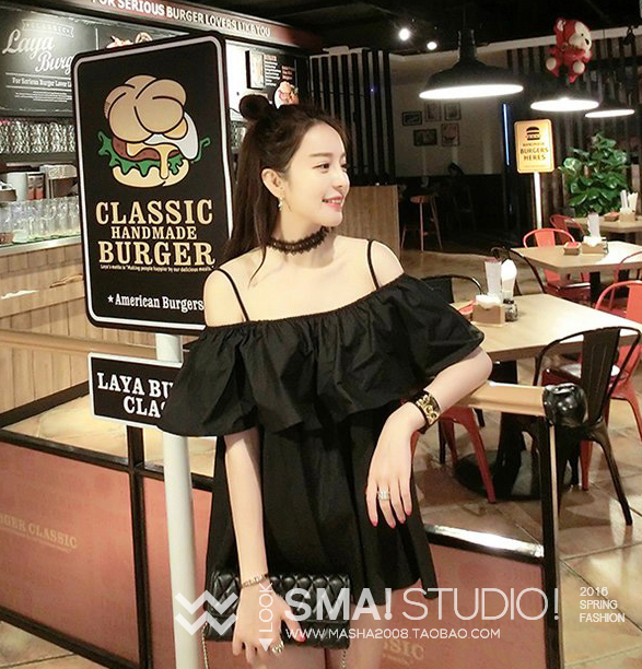 2016夏季韩国显瘦荷叶边纯棉一字领露肩衬衫女宽松短袖上衣吊带裙