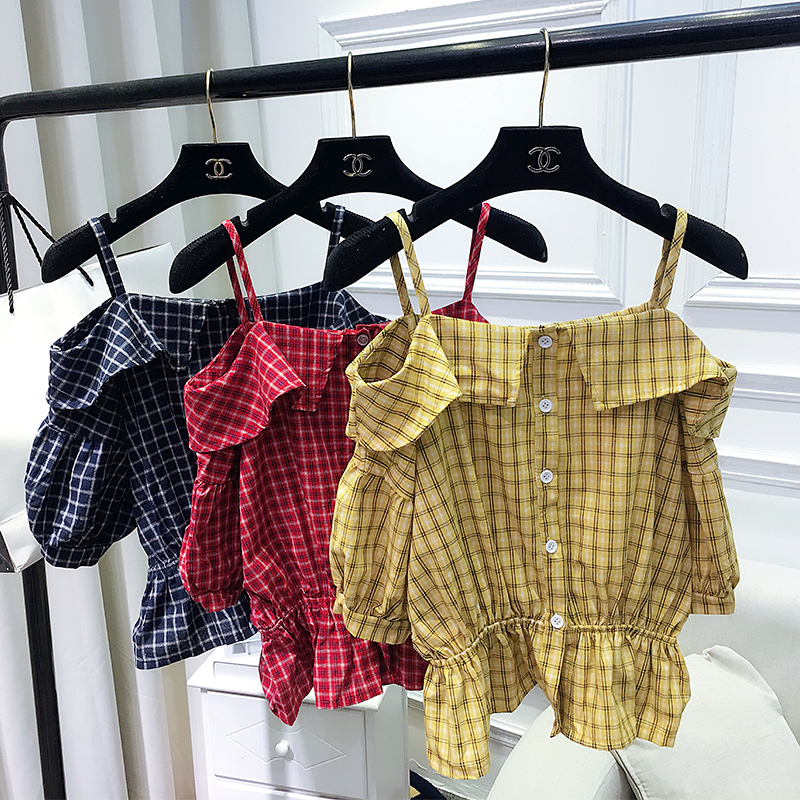 夏装韩范一字领露肩吊带格子衬衫女 百搭修身甜美短袖娃娃衫上衣