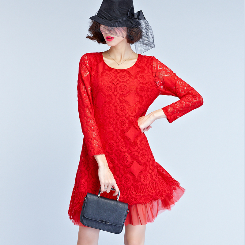 胖MM大码连衣裙女秋2016新款潮胖妹大红色蕾丝长袖中长款加肥加大