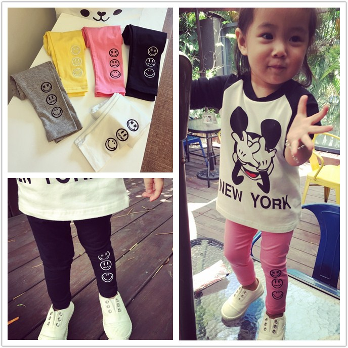 80-130 女童宝宝春秋款韩版可爱笑脸刺绣百搭舒服多色纯色打底裤