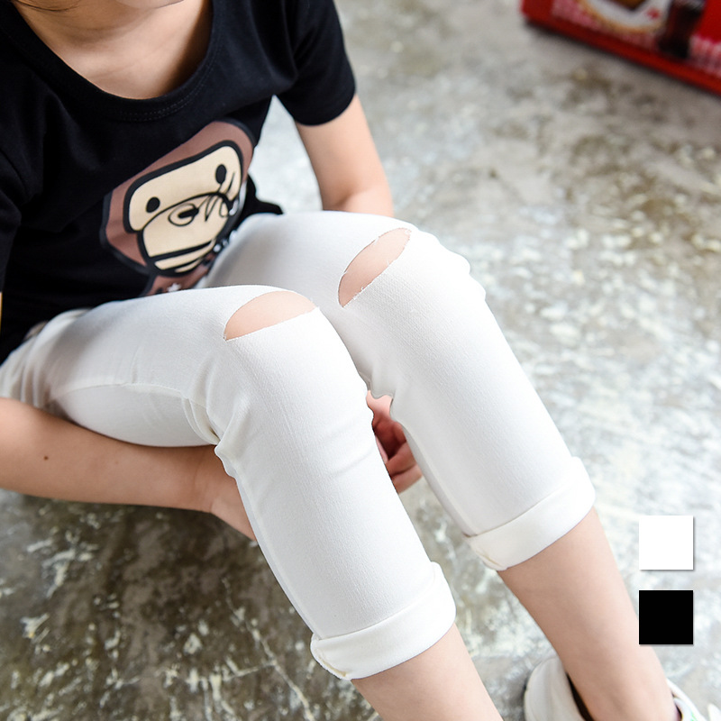 女童短裤2016夏季宝宝韩版黑白色破洞修身9分裤小脚铅笔裤子潮345