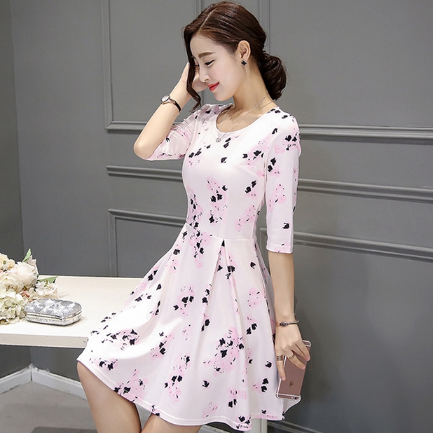 2016春夏韩版修身显瘦名媛气质蓬蓬A字裙七分袖中长款印花连衣裙