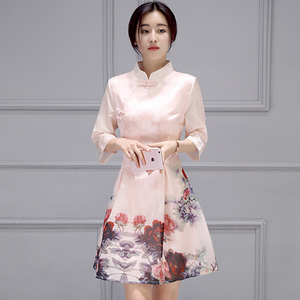 烟花烫2016夏新款女装七分袖复古欧根纱印花旗袍连衣裙气质蓬蓬裙