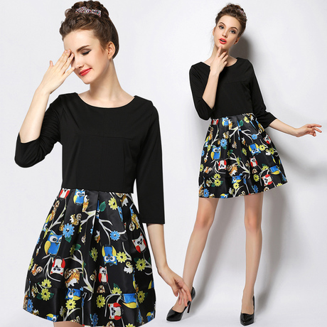 新款女士圆领七分袖修身气质蓬蓬裙印花时尚连衣裙