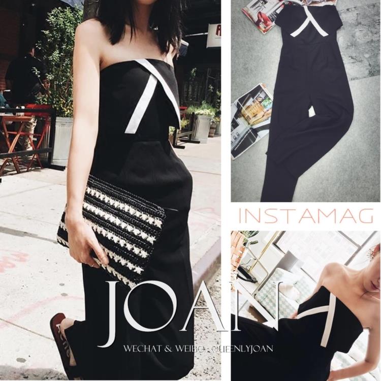 SOTHEA SS16白边装饰黑白拼色高腰长腿走秀款黑色抹胸阔腿连体裤