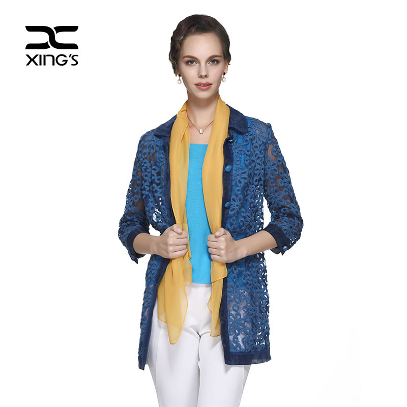 邢氏女装欧根纱女士风衣春秋2016新款长袖中长款妈妈外套大码上衣