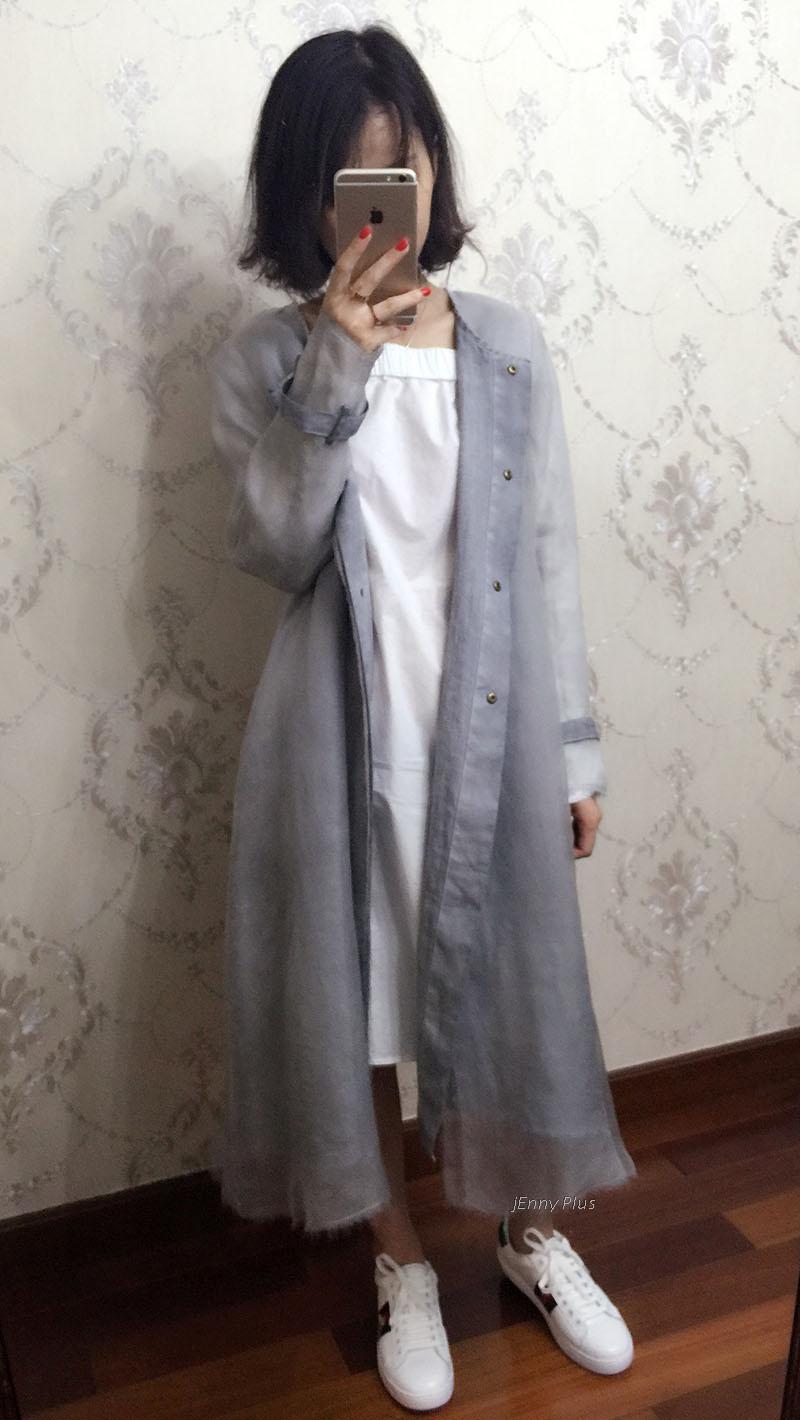 朦胧飘逸感高档精品真丝扎染铜扣欧根纱中长款两穿风衣外套裙女装