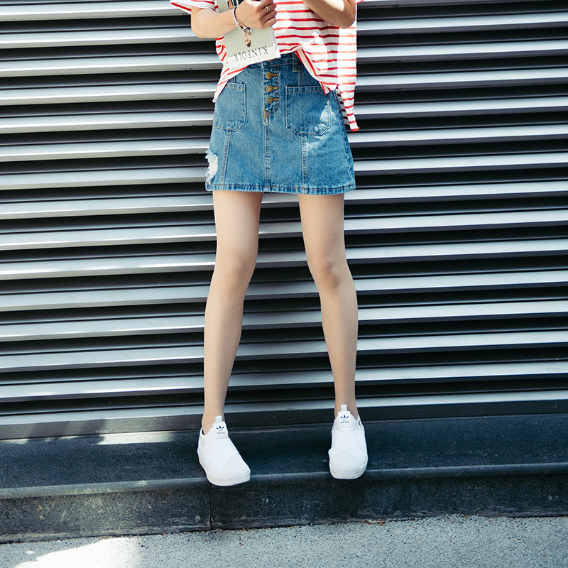 芥茉 春夏新品时尚简约纯棉水洗做旧破洞牛仔半身裙包臀裙短裙女