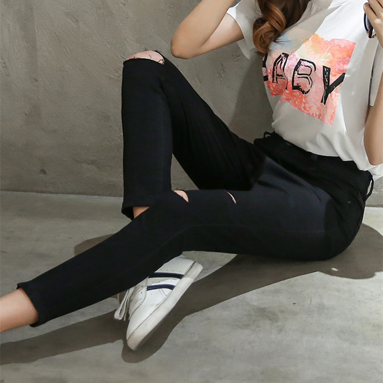 修身弹力小黑裤女铅笔裤黑色高腰膝盖破洞牛仔裤女长裤九分小脚裤