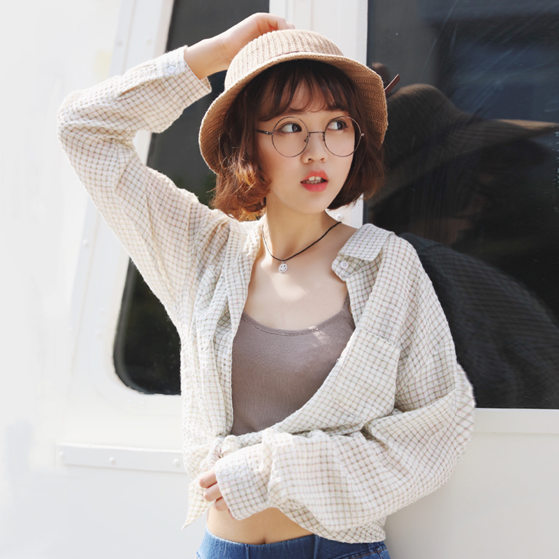 孙啦啦原创定制韩版宽松纯棉格子衬衫女士春秋学生长袖上衣夏薄款