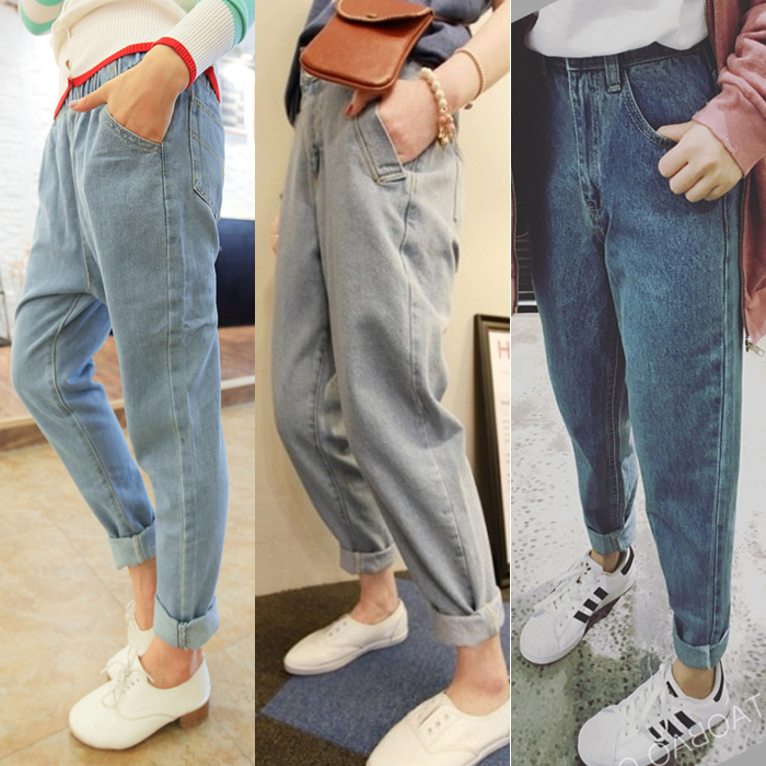 韩版女学生休闲九分长垮裤子 原宿BF风宽松大码牛仔哈伦裤女春夏