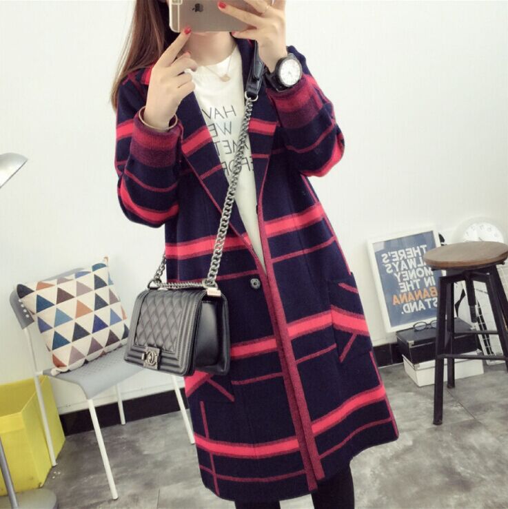 韩国正品代购2016秋冬新款宽松中长款针织开衫格子显瘦外套毛衣女