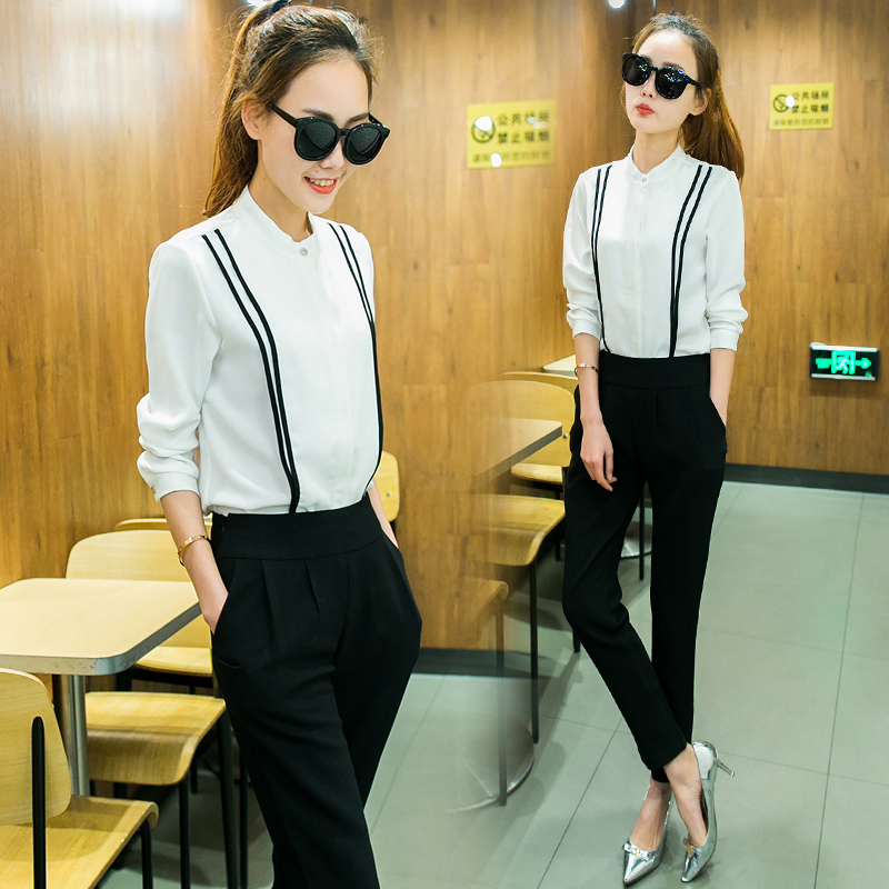 2016秋装新款名媛气质修身两件套女装长袖衬衫哈伦裤时尚套装潮