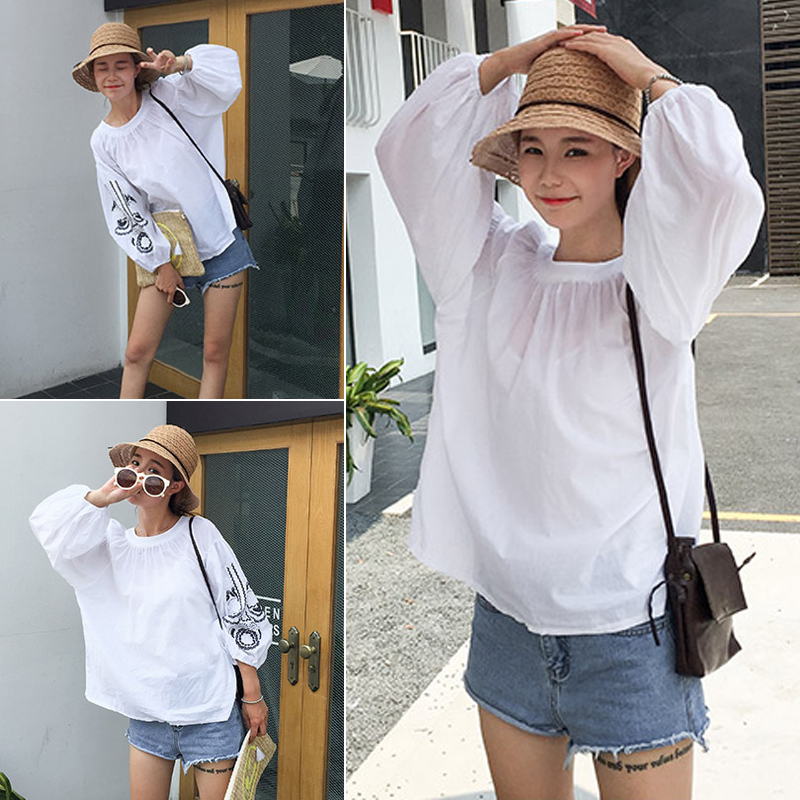 韩版圆领新款夏季2016刺绣女装民族风灯笼袖